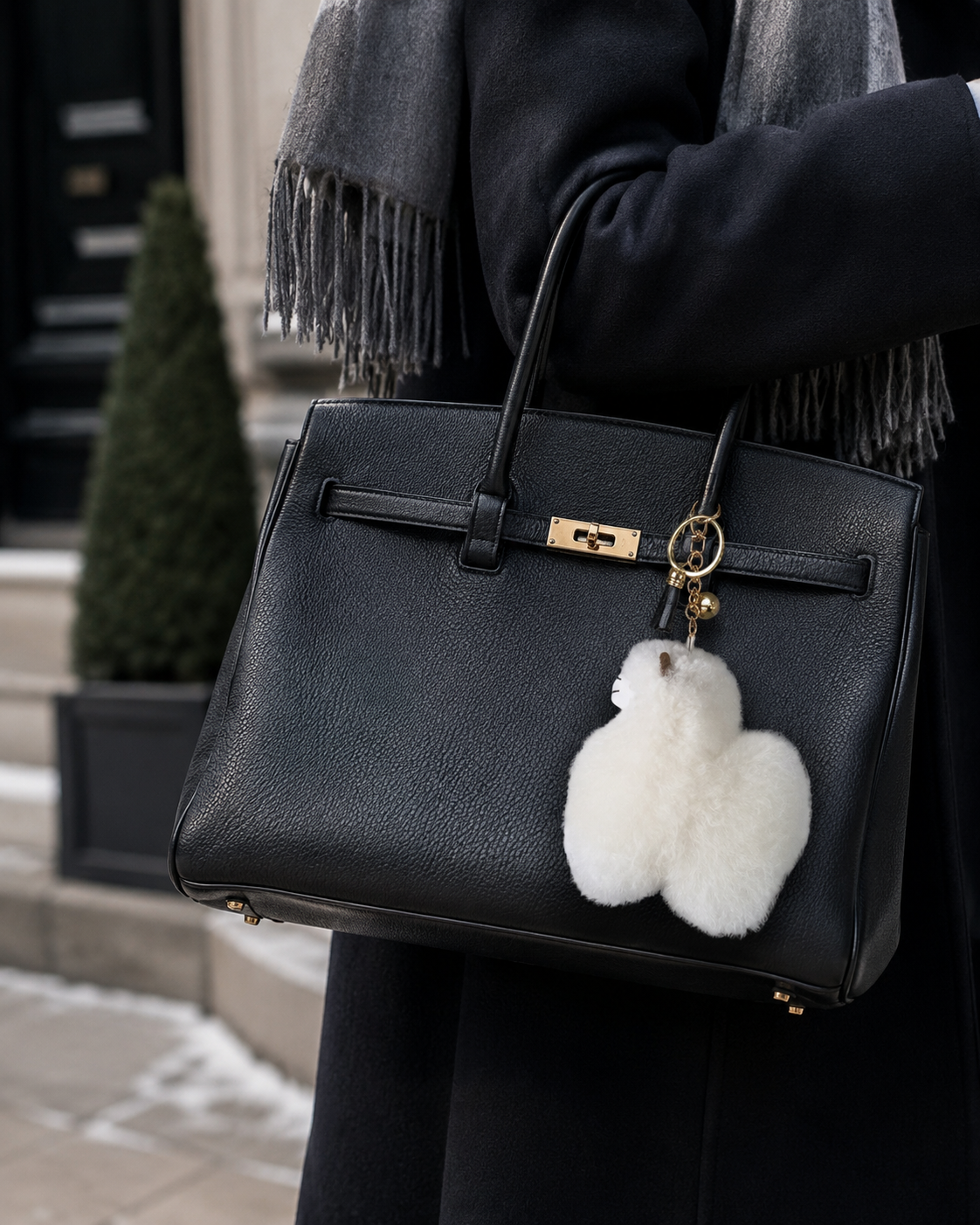 A black pebbled leather handbag with gold-tone hardware and a fluffy white pom-pom fur charm, carried by a person wearing a dark coat and gray scarf in an outdoor urban setting.