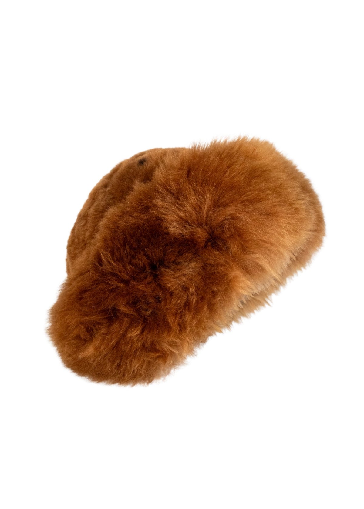 A single fluffy real alpaca fur cap in a warm medium brown color, photographed on a clean white background.