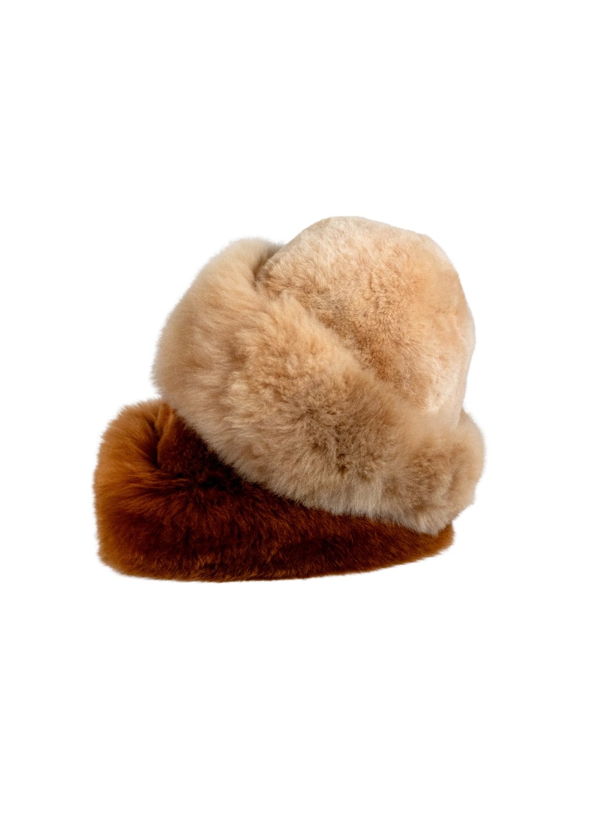 Two fluffy alpaca fur cap in a warm medium brown and beige colors, photographed on a clean white background.
