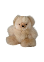 A fluffy cream-colored teddy bear plush toy made of a soft alpca fur, small black eyes, and a stitched brown nose, shown against a plain white background.