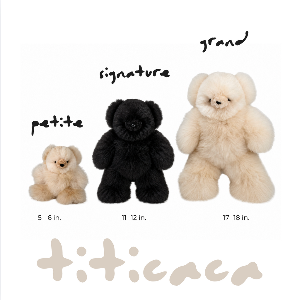 Three plush, alpaca fur, teddy bears in different sizes labeled petite, signature, and grand, with size measurements underneath and the Titicaca brand name at the bottom.