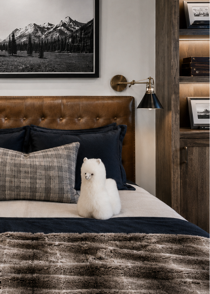 A styled bedroom scene featuring a bed with a brown tufted headboard, dark navy pillows and bedding, a gray plaid accent pillow, a white plush alpaca toy, made of alpaca fur, and a framed black-and-white mountain landscape print on the wall.