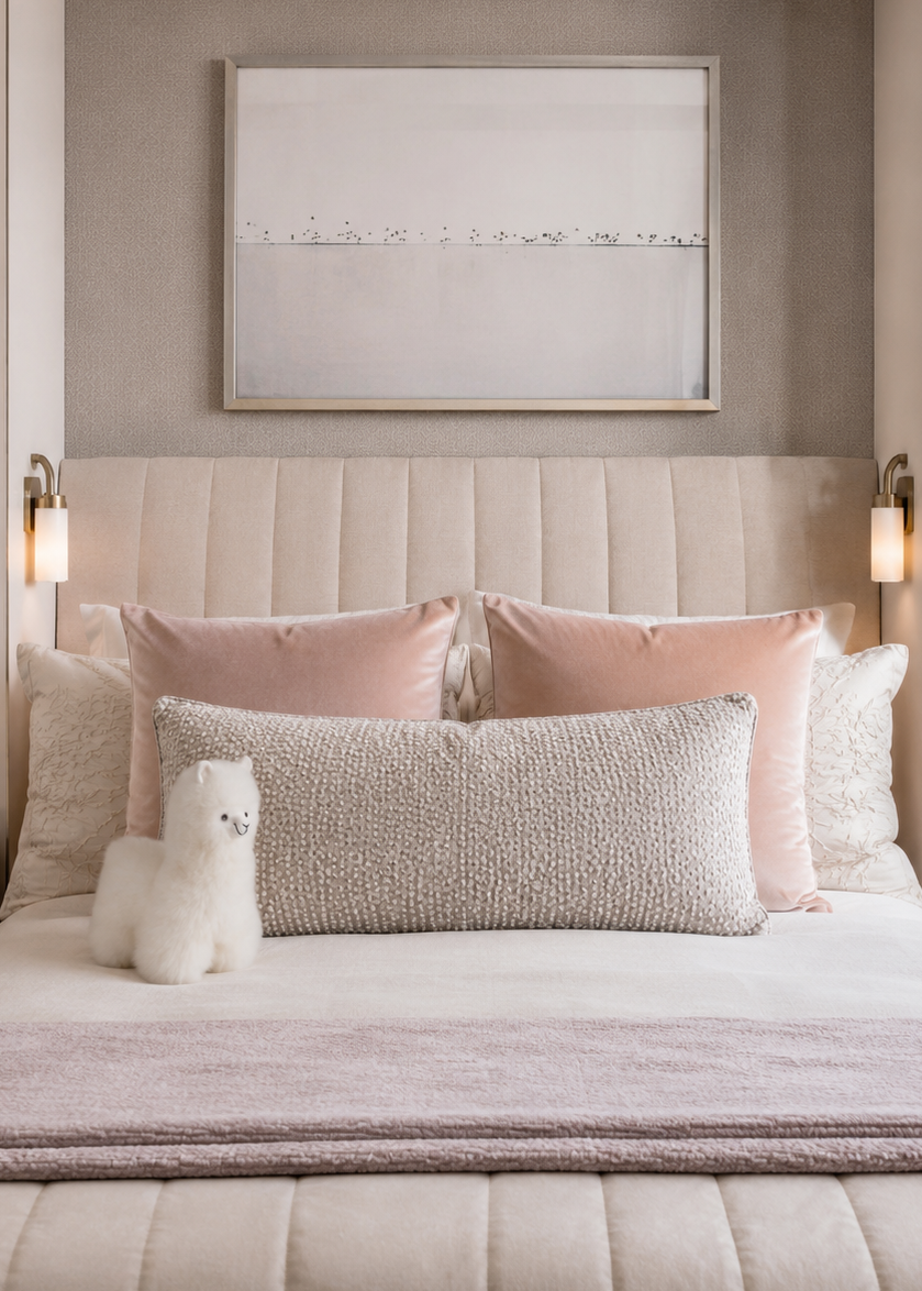 A beautifully styled bedroom featuring a bed with a textured beige pillow, blush pink pillows, a light mauve throw blanket, and a beautiful  white, fluffy alpaca plush made of alpaca fur. The background includes a gray wall with a framed print, built-in shelves, and a window overlooking a city skyline.