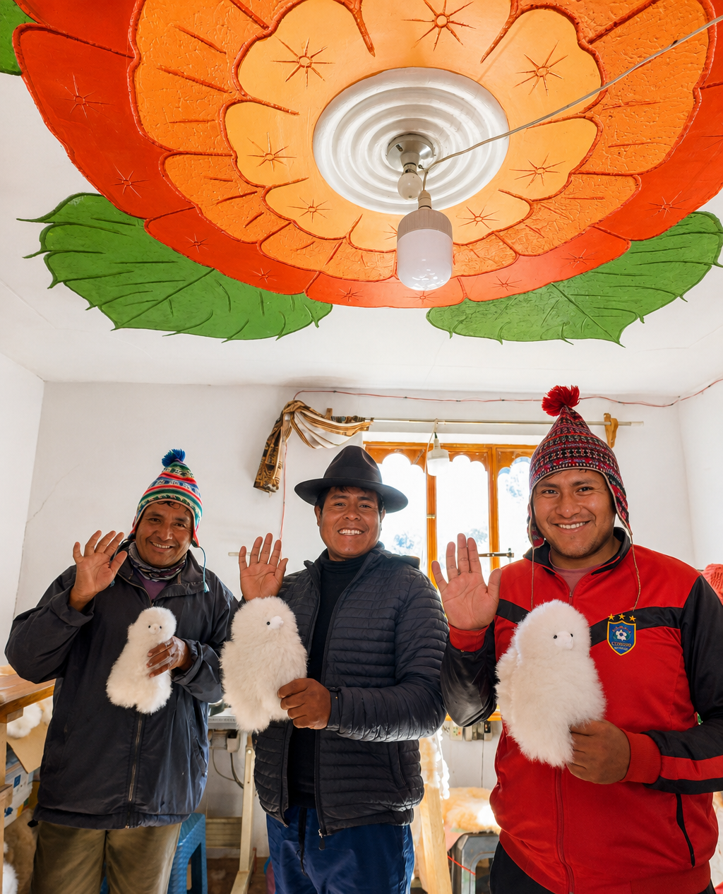 Three men standing indoors and waving while holding fluffy white alpaca or llama wool products. They are dressed in winter clothing, and the room has a large orange and green ceiling fan light fixture overhead.