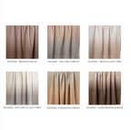 Six throw blanket fabric color options arranged in a 3x3 grid on a white background, each labeled with a name such as Brown & Beige, Mid Grey & Beige, Beige & Light Grey, Mid Grey & Light Grey, Cinnamon & Beige, and Dark Brown & Beige. The swatches show draped fabric with an ombré gradient.