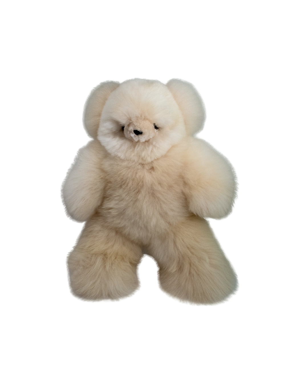 A fluffy white-colored teddy bear plush toy made of a soft alpca fur, small black eyes, and a stitched brown nose, shown against a plain white background.