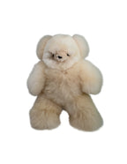 A fluffy white-colored teddy bear plush toy made of a soft alpca fur, small black eyes, and a stitched brown nose, shown against a plain white background.