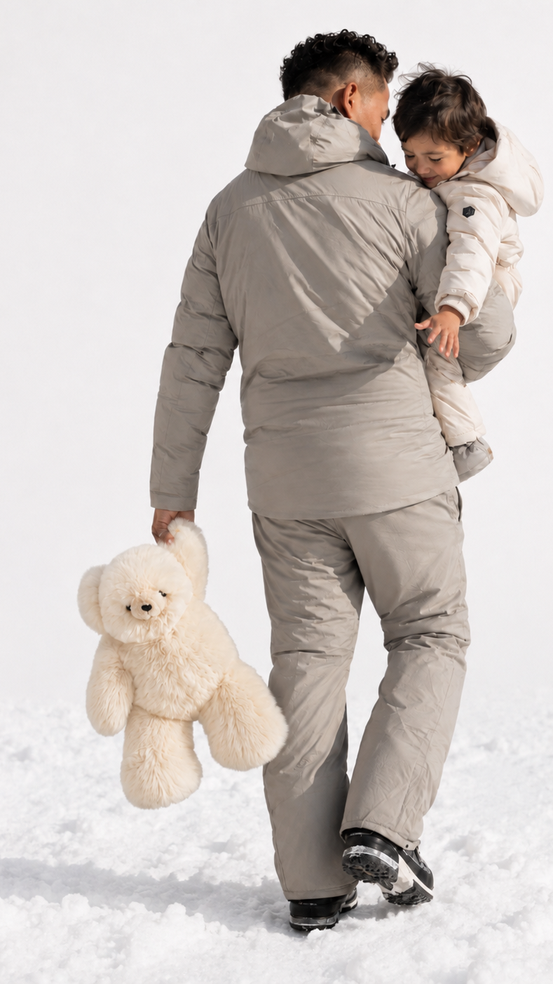 A man in a light gray puffer jacket and matching pants walks through the snow while carrying a child in a cream winter outfit and holding a cream, alpaca fur teddy bear. The photo is taken from behind in a bright, snowy outdoor setting.