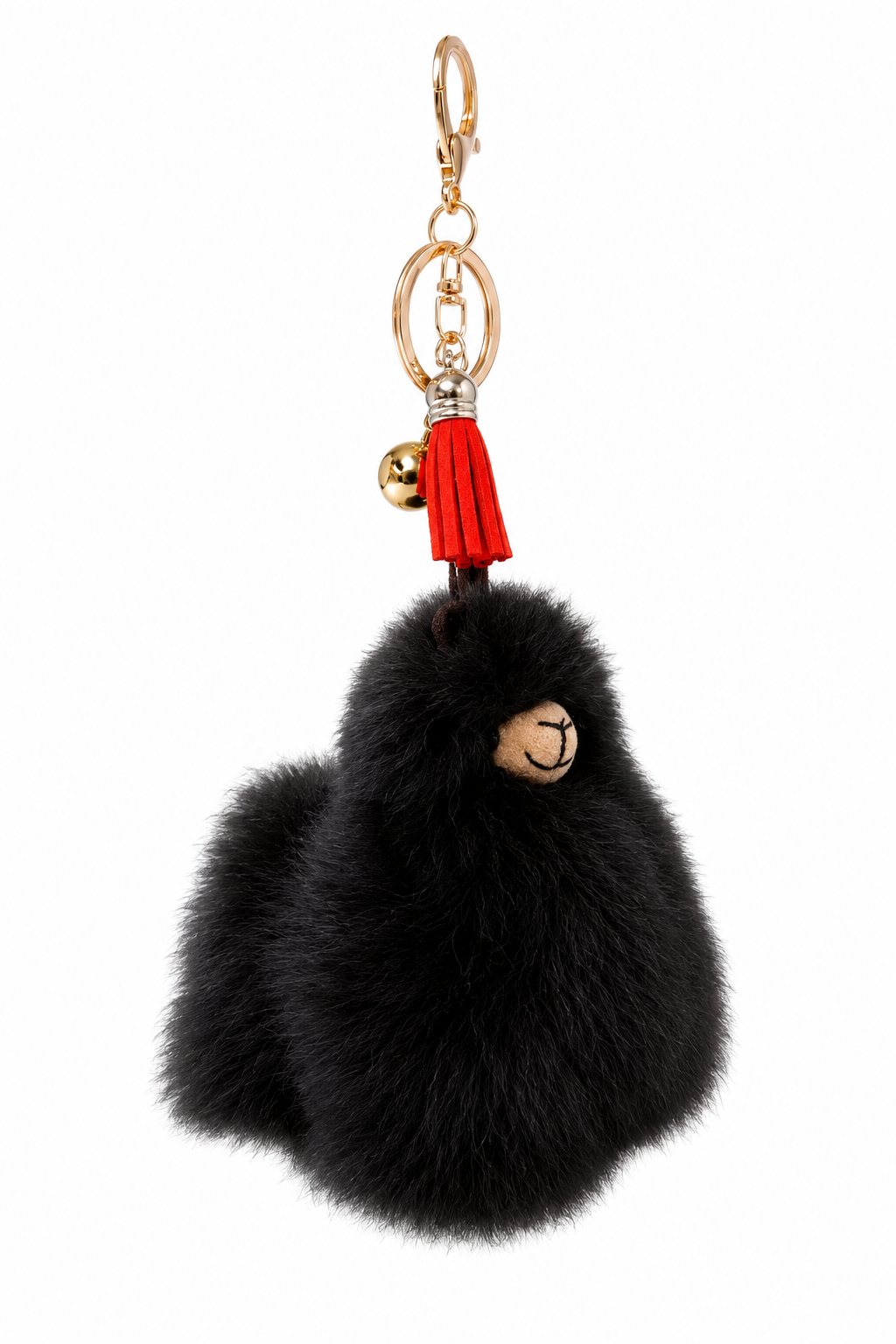 A black fluffy alpaca-fur keychain charm shaped like a small animal head, with a red tassel, gold-tone bell, and gold clasp on a plain white background.