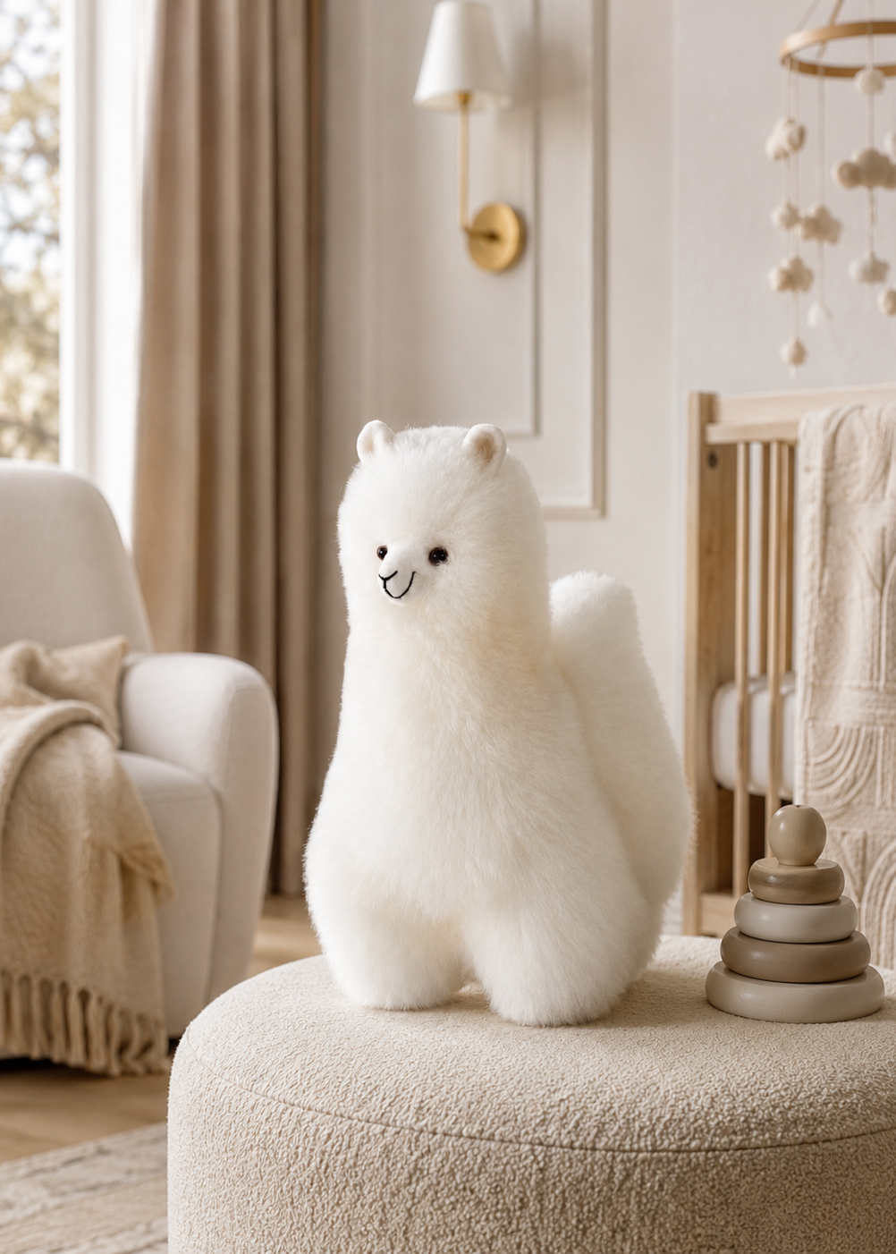 A fluffy white plush alpaca toy sits on a round beige ottoman in a softly styled nursery. A crib, beige curtains, a wall lamp, and a hanging mobile are visible in the background.
